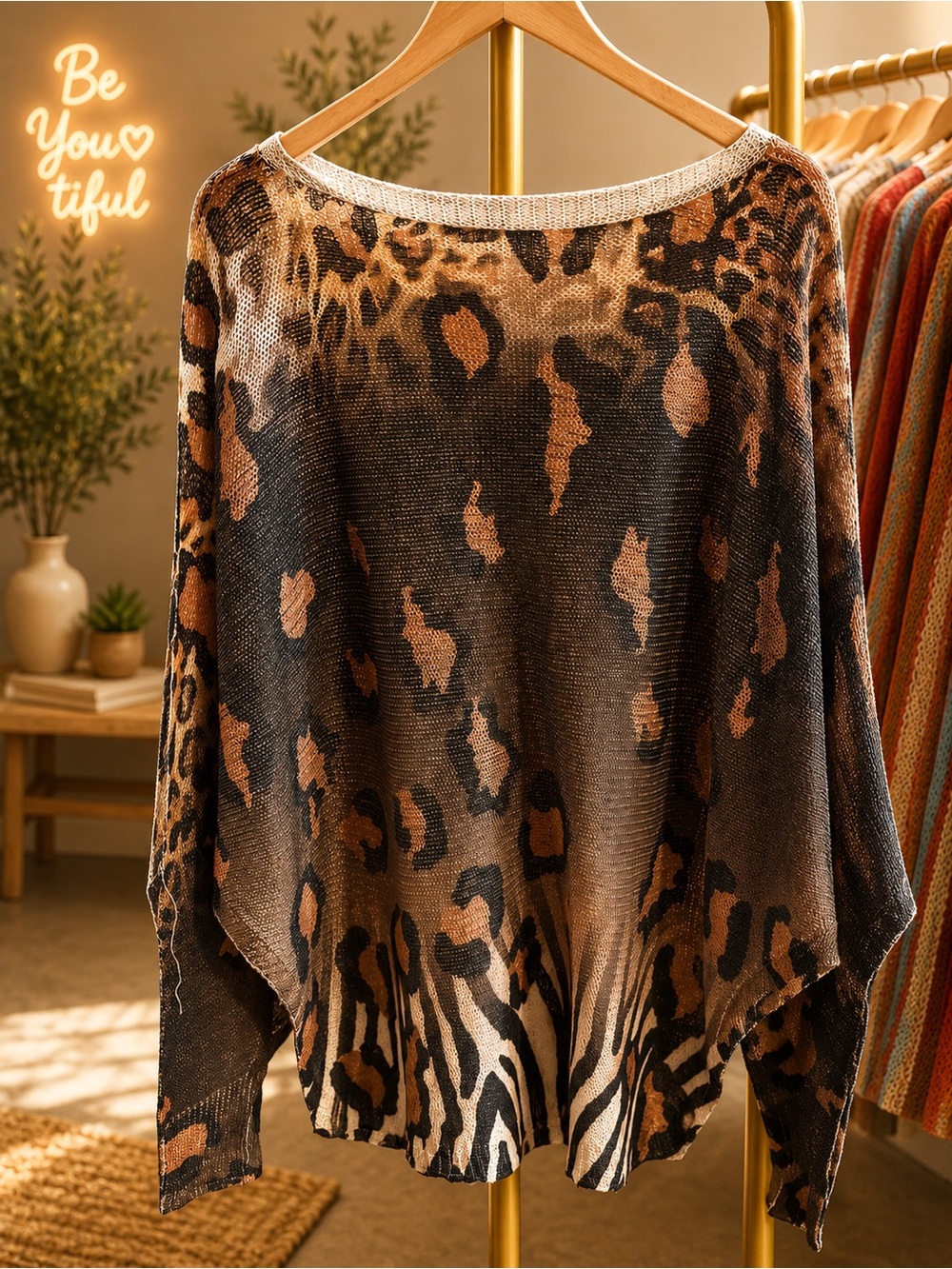 S05. From Italy 🇮🇹 Leopard Print Knit Poncho in Brown and Black